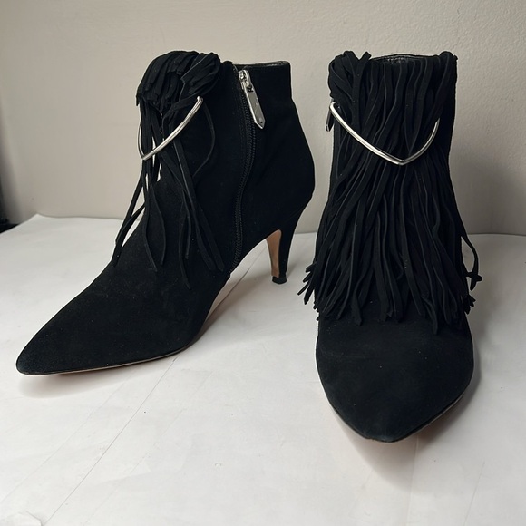 Brian Atwood Sz 9 Perri Black Suede Fringe Firing Booties Metal Detail 2.5” Heel - Picture 2 of 10